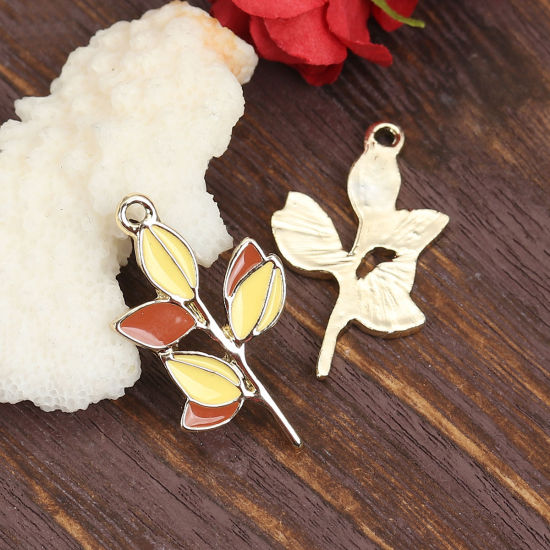 Picture of Zinc Based Alloy Pendants Leaf Gold Plated Yellow Enamel 31mm(1 2/8") x 18mm( 6/8"), 10 PCs