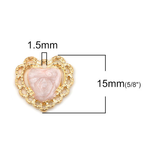 Bild von Zinklegierung Verbinder Herz Vergoldet Hellrosa Emaille 15mm x 15mm, 10 Stück