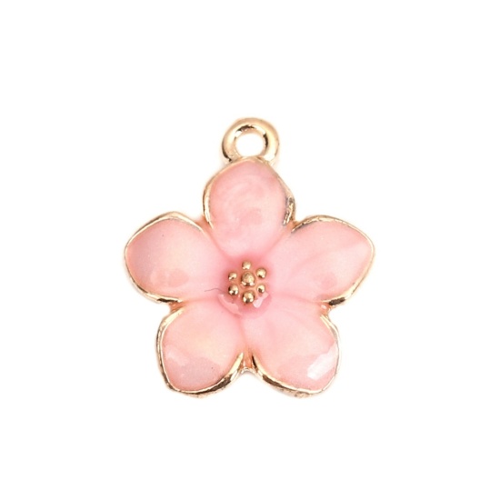 Image de Breloques en Alliage de Zinc Fleur Email Doré Rose 17mm x 15mm, 20 Pcs