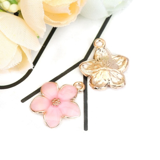 Image de Breloques en Alliage de Zinc Fleur Email Doré Rose 17mm x 15mm, 20 Pcs