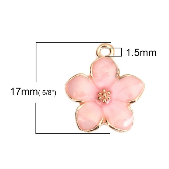 Image de Breloques en Alliage de Zinc Fleur Email Doré Rose 17mm x 15mm, 20 Pcs