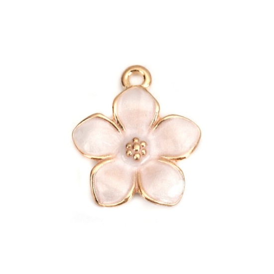 Image de Breloques en Alliage de Zinc Fleur Email Doré Blanc 17mm x 15mm, 20 Pcs