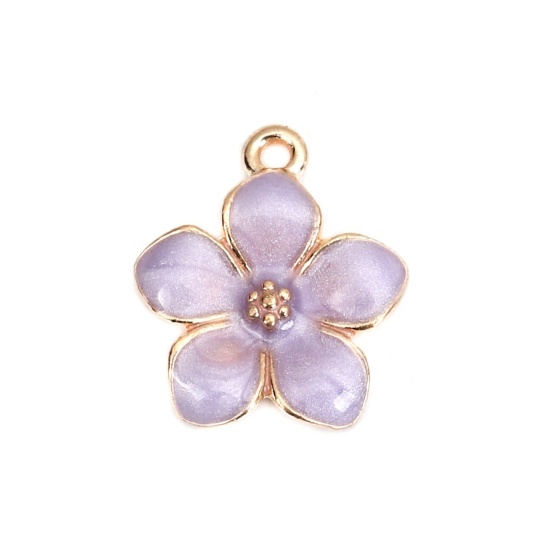 Image de Breloques en Alliage de Zinc Fleur Email Doré Violet 17mm x 15mm, 20 Pcs