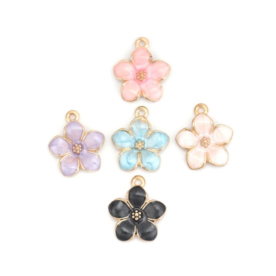 Image de Breloques en Alliage de Zinc Fleur Email Doré Violet 17mm x 15mm, 20 Pcs