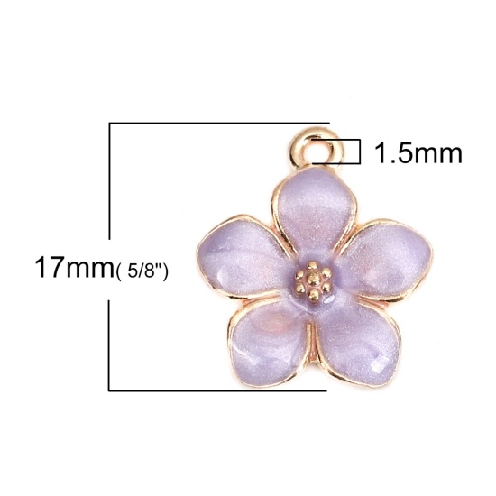 Image de Breloques en Alliage de Zinc Fleur Email Doré Violet 17mm x 15mm, 20 Pcs