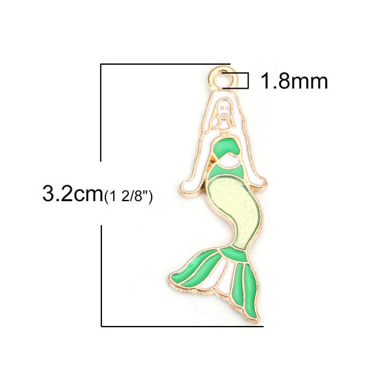 Bild von Zinklegierung Anhänger Meerjungfrau Vergoldet Grün Emaille 32mm x 12mm, 10 Stück