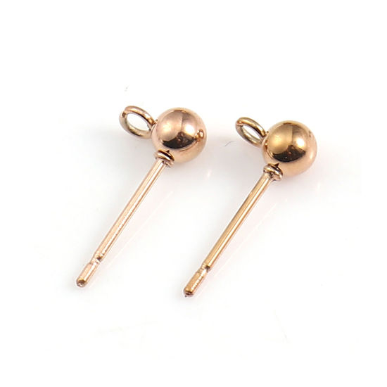 Picture of Stainless Steel Ear Post Stud Earrings Ball Rose Gold W/ Loop 7mm( 2/8") x 4mm( 1/8"), Post/ Wire Size: (21 gauge), 10 PCs