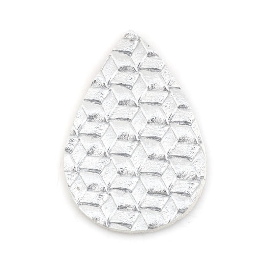 Picture of PU Leather Braided Pendants Drop Silver 56mm(2 2/8") x 38mm(1 4/8"), 5 PCs