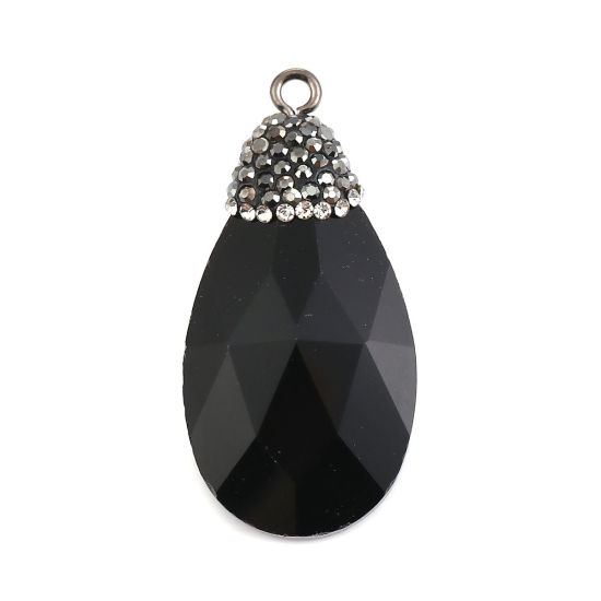 Image de Pendentifs en Verre Goutte d'Eau Noir à Strass Gris Foncé A Facettes 44mm x 22mm, 1 Pièce