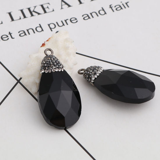 Image de Pendentifs en Verre Goutte d'Eau Noir à Strass Gris Foncé A Facettes 44mm x 22mm, 1 Pièce