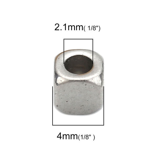 Image de Perles en Acier Inoxydable Carré Argent Mat 4mm x 4mm, Taille de Trou: 2.1mm, 10 Pcs