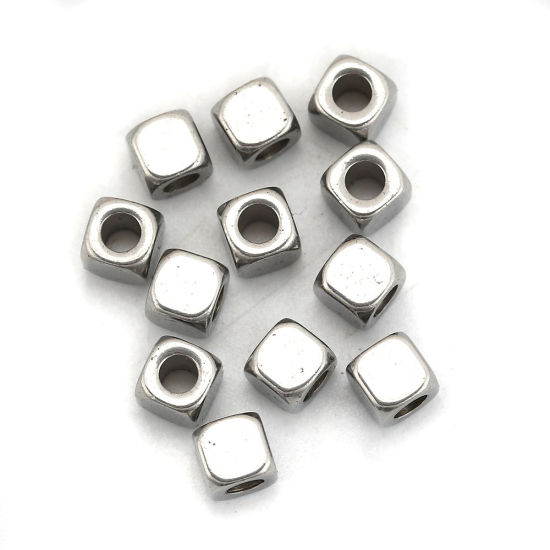 Image de Perles en Acier Inoxydable Carré Argent Mat 4mm x 4mm, Taille de Trou: 2.1mm, 10 Pcs