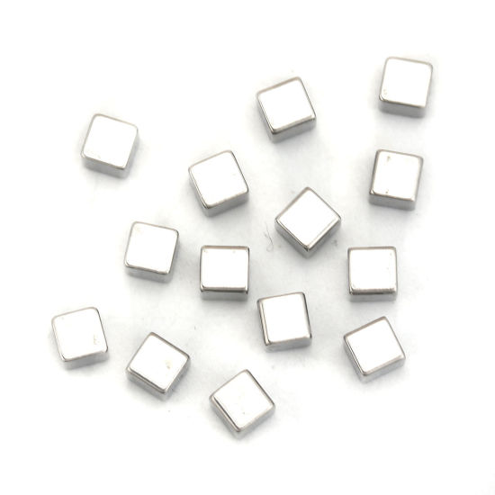 Imagen de Acero Inoxidable Puede Tallar Llana Cuentas para la Fabricación de Joyas con Dijes de Bricolaje Cubo Tono de Plata Bruñido de Rodillos 4mm x 4mm, Agujero: Aprox Sin Agujero, 10 Unidades