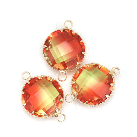 Image de Connecteurs en Laiton+Verre Rond Doré Rouge & Jaune A Facettes 24mm x 17mm - 23mm x 16mm, 2 Pcs