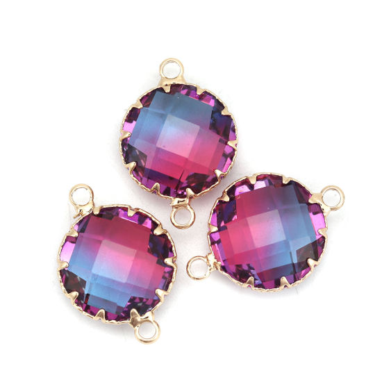Image de Connecteurs en Laiton+Verre Rond Doré Violet & Bleu A Facettes 25mm x 17mm - 24mm x 17mm, 2 Pcs