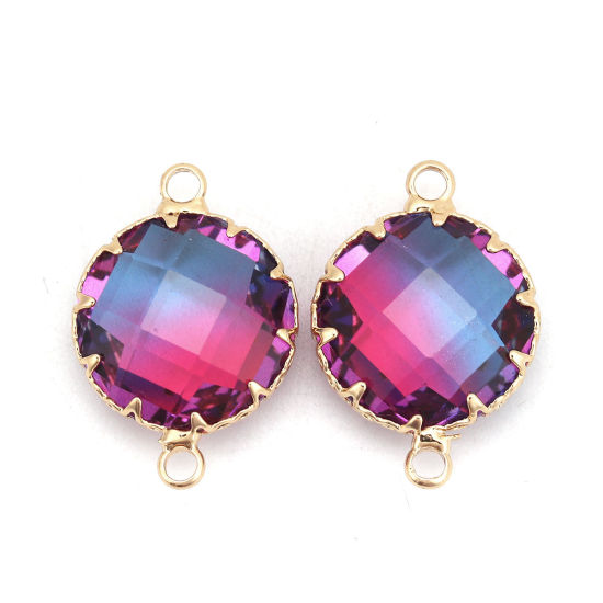 Image de Connecteurs en Laiton+Verre Rond Doré Violet & Bleu A Facettes 25mm x 17mm - 24mm x 17mm, 2 Pcs