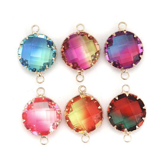 Image de Connecteurs en Laiton+Verre Rond Doré Violet & Bleu A Facettes 25mm x 17mm - 24mm x 17mm, 2 Pcs