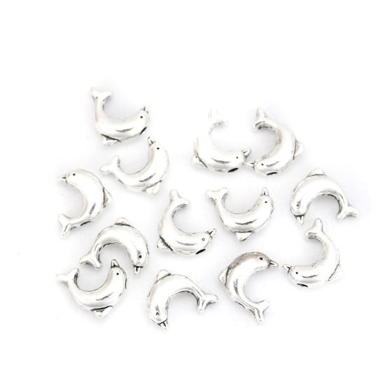 Immagine di Lega di Zinco Gioielli Oceanici Separatori Perline Delfino Argento Antico Circa 10mm x 8mm, Foro:Circa 1.3mm, 100 Pz