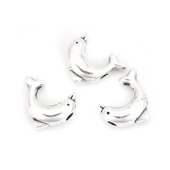 Immagine di Lega di Zinco Gioielli Oceanici Separatori Perline Delfino Argento Antico Circa 10mm x 8mm, Foro:Circa 1.3mm, 100 Pz