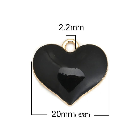 Image de Breloques en Alliage de Zinc Cœur Plein Email Doré Noir 20mm x 18mm, 10 Pcs