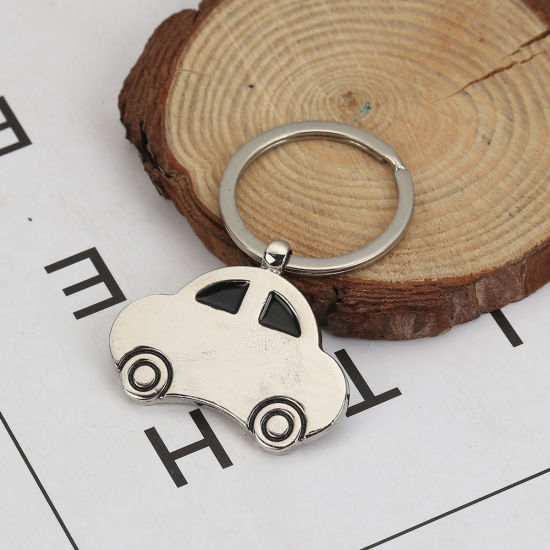 Image de Porte-Clés Voiture Argent Mat Noir Email 60mm x 41mm, 2 Pcs