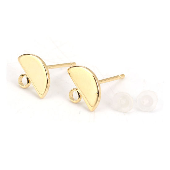 Picture of 4 PCs Brass Ear Post Stud Earrings 18K Real Gold Plated Half Round With Loop 10mm x 8mm, Post/ Wire Size: 0.8mm(20 gauge)