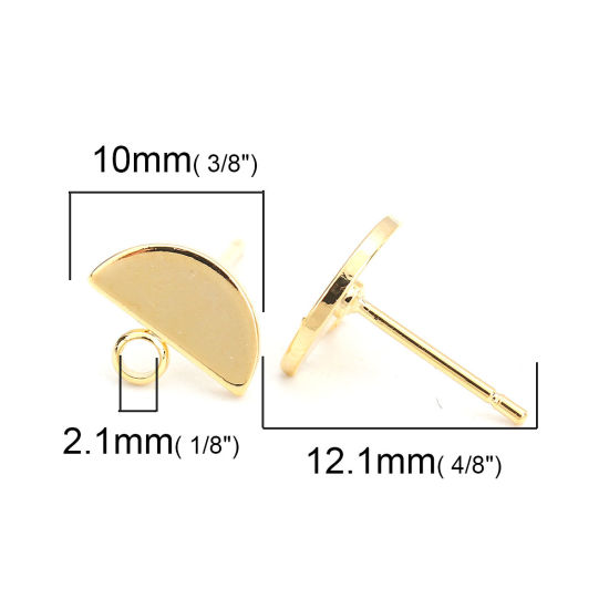 Picture of 4 PCs Brass Ear Post Stud Earrings 18K Real Gold Plated Half Round With Loop 10mm x 8mm, Post/ Wire Size: 0.8mm(20 gauge)