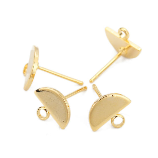 Picture of 4 PCs Brass Ear Post Stud Earrings 18K Real Gold Plated Half Round With Loop 10mm x 8mm, Post/ Wire Size: 0.8mm(20 gauge)