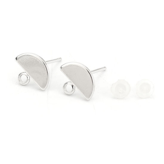 Picture of 4 PCs Brass Ear Post Stud Earrings Real Platinum Plated Half Round With Loop 10mm x 8mm, Post/ Wire Size: 0.8mm(20 gauge)