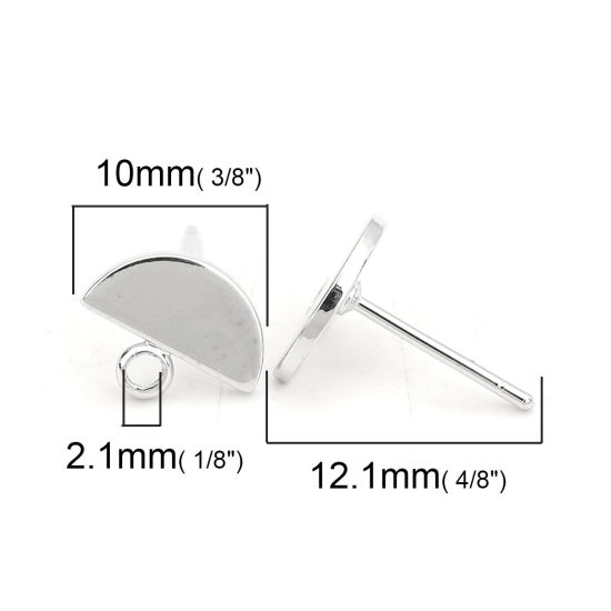 Picture of 4 PCs Brass Ear Post Stud Earrings Real Platinum Plated Half Round With Loop 10mm x 8mm, Post/ Wire Size: 0.8mm(20 gauge)