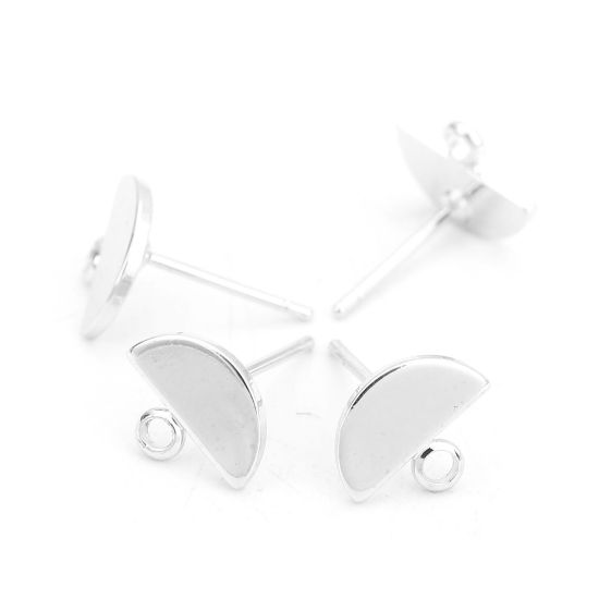 Picture of 4 PCs Brass Ear Post Stud Earrings Real Platinum Plated Half Round With Loop 10mm x 8mm, Post/ Wire Size: 0.8mm(20 gauge)