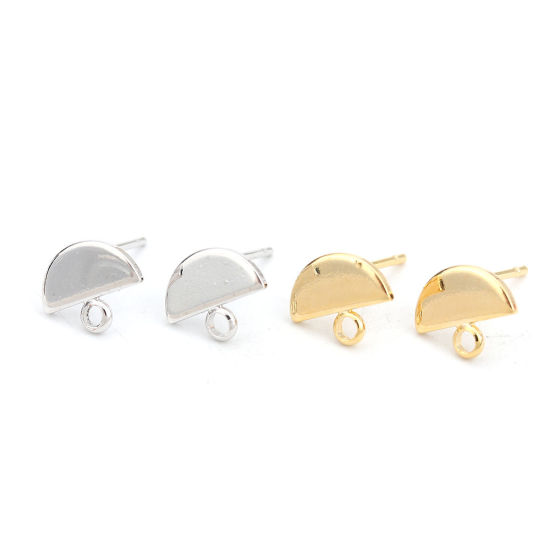 Picture of 4 PCs Brass Ear Post Stud Earrings Real Platinum Plated Half Round With Loop 10mm x 8mm, Post/ Wire Size: 0.8mm(20 gauge)