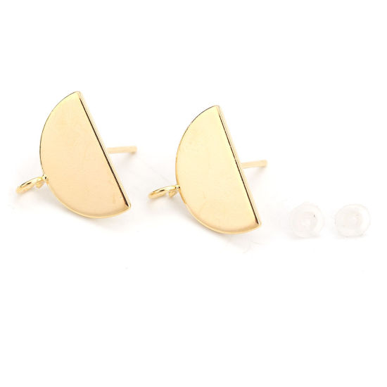 Picture of 2 PCs Brass Ear Post Stud Earrings 18K Real Gold Plated Half Round With Loop 16mm x 13mm, Post/ Wire Size: 0.8mm(20 gauge)