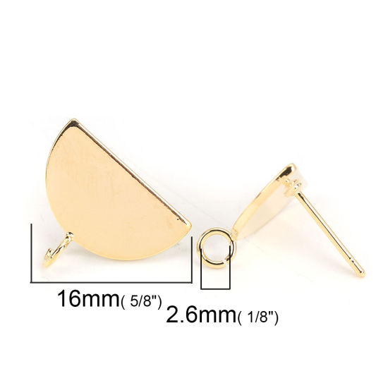 Picture of 2 PCs Brass Ear Post Stud Earrings 18K Real Gold Plated Half Round With Loop 16mm x 13mm, Post/ Wire Size: 0.8mm(20 gauge)