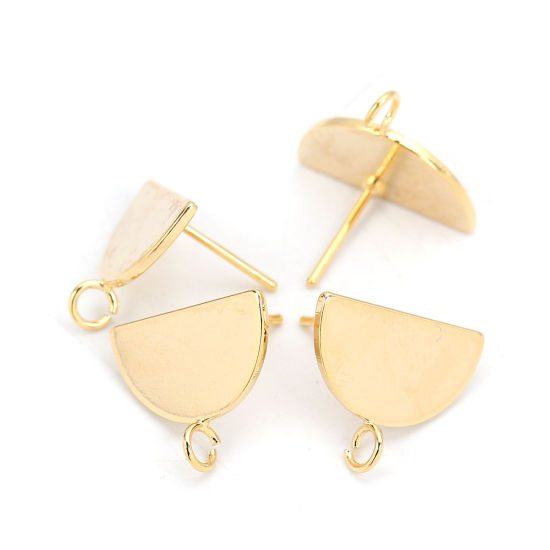 Picture of 2 PCs Brass Ear Post Stud Earrings 18K Real Gold Plated Half Round With Loop 16mm x 13mm, Post/ Wire Size: 0.8mm(20 gauge)