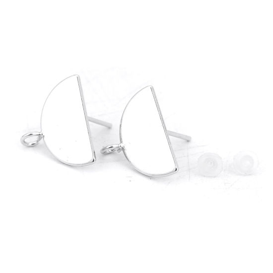Picture of 2 Pairs Brass Ear Post Stud Earrings Real Platinum Plated Half Round With Loop 16mm x 13mm, Post/ Wire Size: 0.8mm(20 gauge)