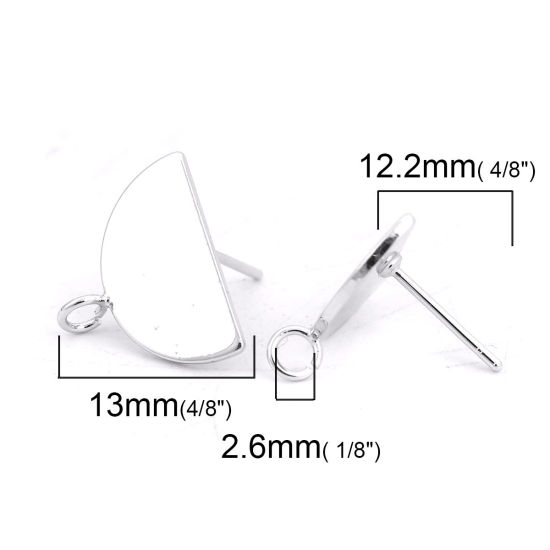 Picture of 2 Pairs Brass Ear Post Stud Earrings Real Platinum Plated Half Round With Loop 16mm x 13mm, Post/ Wire Size: 0.8mm(20 gauge)