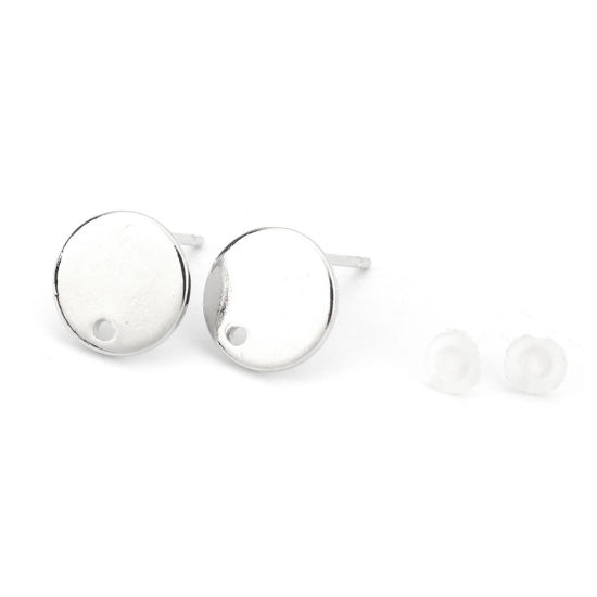 Picture of 4 PCs Brass Ear Post Stud Earrings Real Platinum Plated Round With Loop 10mm Dia., Post/ Wire Size: 0.8mm(20 gauge)
