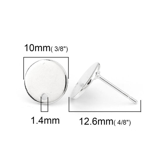 Picture of 4 PCs Brass Ear Post Stud Earrings Real Platinum Plated Round With Loop 10mm Dia., Post/ Wire Size: 0.8mm(20 gauge)