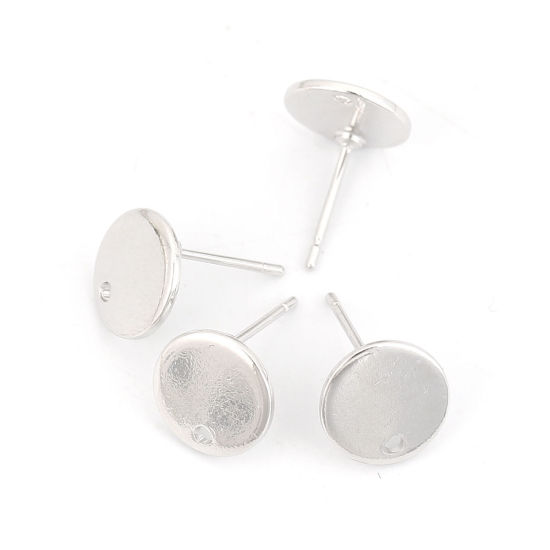 Picture of 4 PCs Brass Ear Post Stud Earrings Real Platinum Plated Round With Loop 10mm Dia., Post/ Wire Size: 0.8mm(20 gauge)