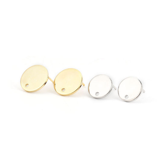 Picture of 4 PCs Brass Ear Post Stud Earrings Real Platinum Plated Round With Loop 10mm Dia., Post/ Wire Size: 0.8mm(20 gauge)