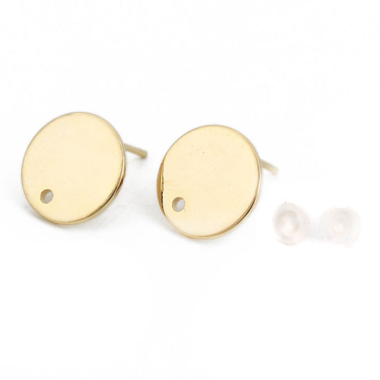 Picture of 10 PCs Brass Ear Post Stud Earrings 18K Real Gold Plated Round With Loop 12mm Dia., Post/ Wire Size: 0.8mm(20 gauge)