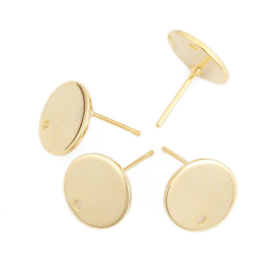 Picture of 10 PCs Brass Ear Post Stud Earrings 18K Real Gold Plated Round With Loop 12mm Dia., Post/ Wire Size: 0.8mm(20 gauge)