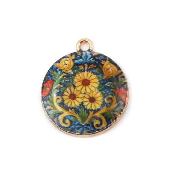 Immagine di Lega di Zinco Charms Tondo Oro Placcato Multicolore Fiore 23mm x 20mm , 10 Pz