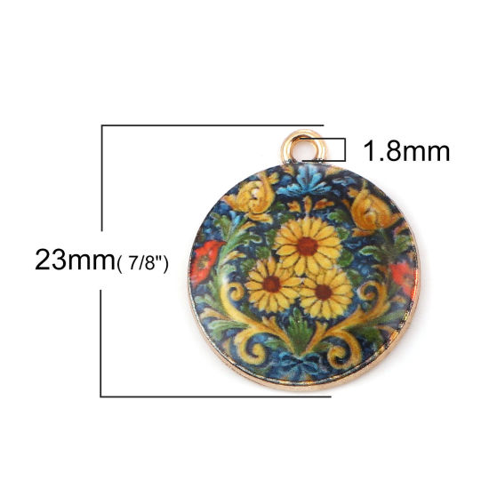 Immagine di Lega di Zinco Charms Tondo Oro Placcato Multicolore Fiore 23mm x 20mm , 10 Pz