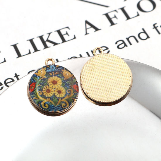 Immagine di Lega di Zinco Charms Tondo Oro Placcato Multicolore Fiore 23mm x 20mm , 10 Pz