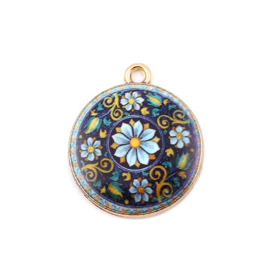 Immagine di Lega di Zinco Charms Tondo Oro Placcato Multicolore Fiore 23mm x 20mm , 10 Pz