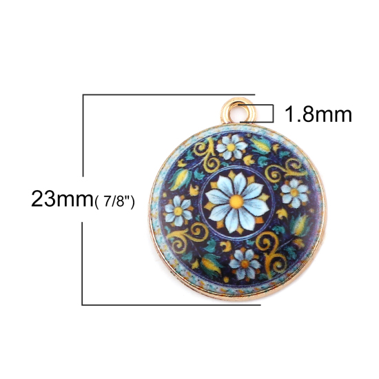 Immagine di Lega di Zinco Charms Tondo Oro Placcato Multicolore Fiore 23mm x 20mm , 10 Pz