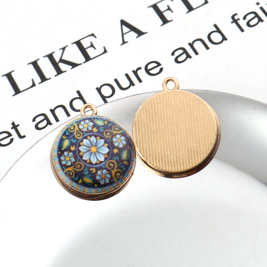 Immagine di Lega di Zinco Charms Tondo Oro Placcato Multicolore Fiore 23mm x 20mm , 10 Pz