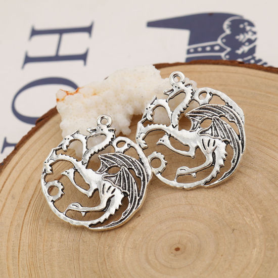 Image de 10 Pcs Pendentifs Collection de Conte de Fées en Alliage de Zinc Argent Vieilli Dragon 35mm x 32mm